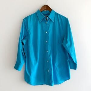 Chaps Womens Shirt Plus 1X No Iron Blue Button Up Long Sleeve Cotton Collar